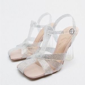 ZARA VINYL HEELED CAGE SANDALS TRANSPARENT